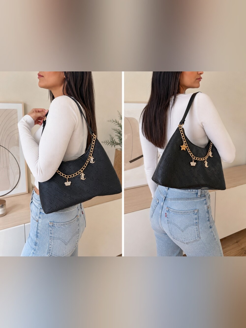 Juicy Couture Lucky Charms Black Hobo Shoulder Bag Gold Chain Y2K
